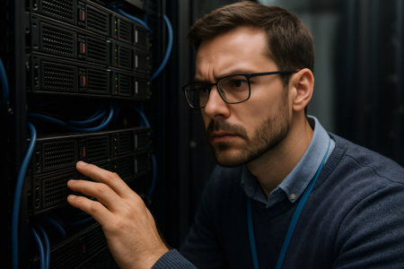 IT professional troubleshooting server hardware, ensuring system functionality and data integrity in an advanced data centerの素材