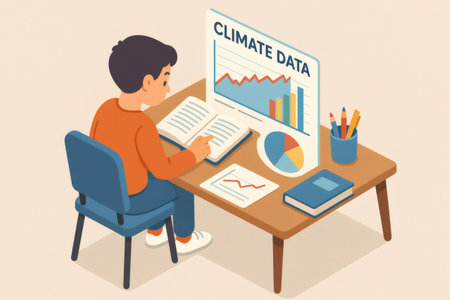 Student sitting at a desk, learning about climate change and analyzing environmental data charts from a book and screenの素材