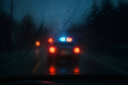 View from car interior seeing blurred police lights through a rainy window, driving on a dark road in the eveningの素材