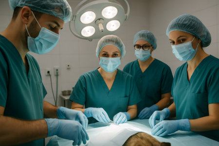 Surgical team members, wearing scrubs and masks, performing a medical procedure on an animal patient in an operating roomの素材