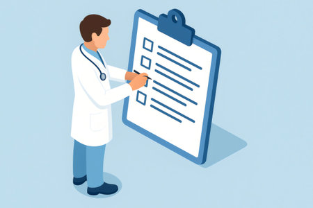 Doctor examining patient data, filling out medical form on a large clipboard. Healthcare administration and diagnostic processの素材