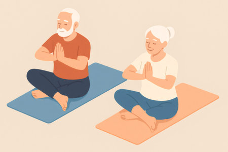 Senior couple seated on yoga mats in meditation pose, practicing mindful breathing and gentle stretching for wellness and balanceの素材