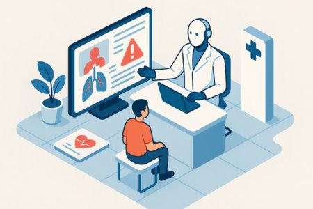 Artificial intelligence doctor discussing health data and risks with a patient, showing modern medical consultationの素材
