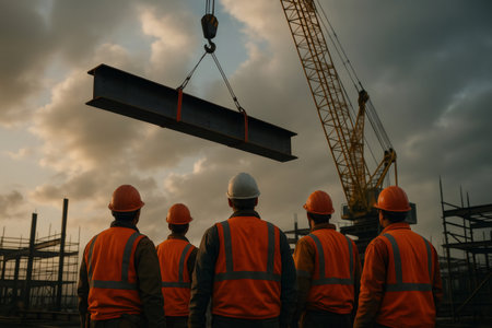 Construction workers wearing hard hats and safety vests are watching a large steel beam lifted by a crane at a job siteの素材