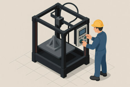 Engineer wearing a hard hat and uniform adjusting settings on a modern 3D printer, bringing a new design to lifeの素材