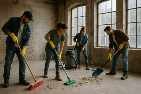 Group of four diverse people wearing protective gloves sweeping, shoveling, and vacuuming a dusty room after renovationの素材