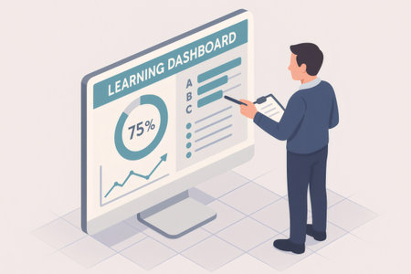 Educator evaluating student performance data on a digital learning dashboard. Analyzing progress and educational metrics with a penの素材