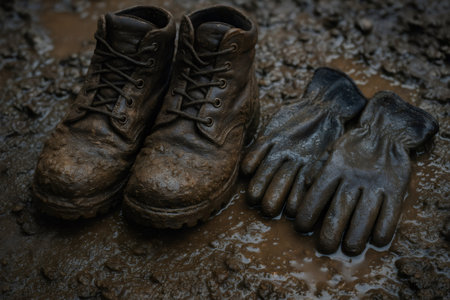 Muddy work boots and leather gloves laying in wet brown mud, representing manual labor, hard work, and outdoor tasksの素材