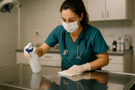 Veterinarian in face mask and gloves cleaning a sterile examination table with disinfectant spray, ensuring clinic hygieneの素材