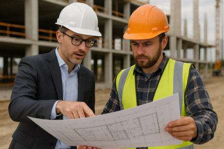 Two construction professionals wearing hard hats reviewing blueprint plans on site, discussing building project developmentの素材