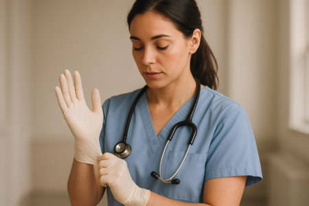 Female healthcare professional in blue scrubs and stethoscope putting on protective latex gloves, ensuring safety and hygieneの素材