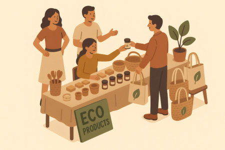 Customers interacting at a market stall selling various natural and eco friendly products like soaps, jars, baskets, and reusable bagsの素材