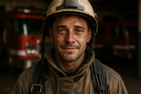 Portrait of a dedicated firefighter with a dirty face and gear, finding relief after a difficult shift at a fire stationの素材