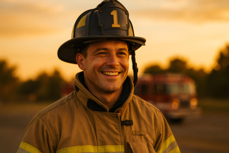 Male firefighter smiling, wearing protective uniform and helmet at golden hour, with a fire truck in the blurry backgroundの素材
