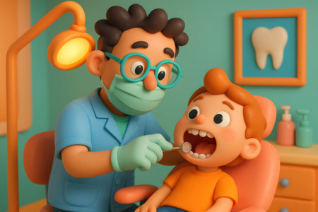Cartoon dentist figure checking a boy's open mouth with a dental mirror. Scene illustrating pediatric oral hygiene and careの素材