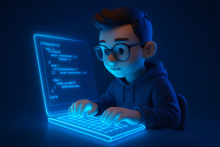 Young male character intensely working on a glowing holographic laptop, showing concepts of future technology and software developmentの素材