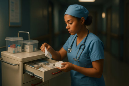 Nurse organizing and restocking medical supplies in a hospital cart, ensuring preparedness for patient careの素材