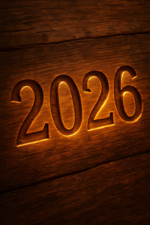 Illuminated year 2026 carved into a dark, textured wooden surface, representing upcoming new year, future, and celebration conceptsの素材