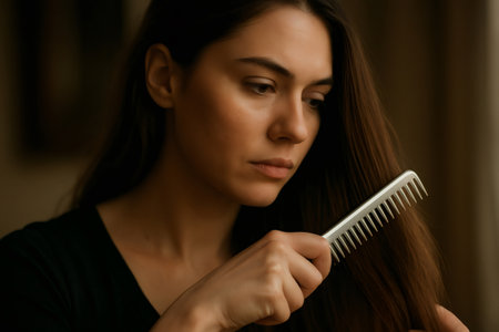 Woman applying self care routine, brushing her long, healthy dark hair with a comb. Focus on beauty and wellnessの素材