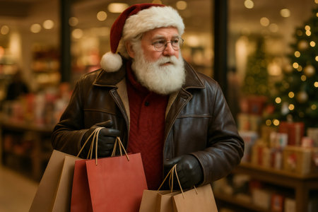 Santa Claus wearing a modern leather jacket and hat while carrying shopping bags, shopping for Christmas giftsの素材