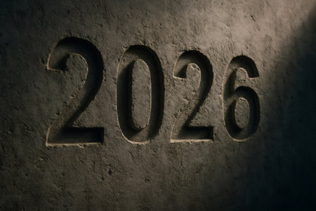 Grungy concrete wall displaying the number 2026 carved into its surface, suggesting upcoming plans or a future dateの素材