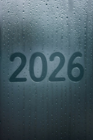 Number 2026 written on condensed glass with water drops, representing new year, time passing, anticipation and futureの素材