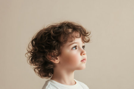 Young child with soft curly brown hair, looking up with a thoughtful and innocent expression against a light backgroundの素材
