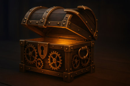 Steampunk style chest with gears and brass details, lid open revealing a warm glowing light inside on a wooden surfaceの素材