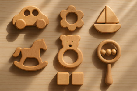 Assortment of natural wooden baby toys creating a playful and educational concept for children's learning and growthの素材