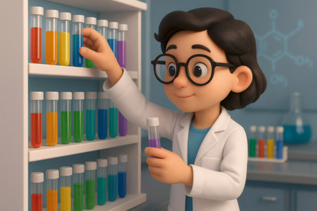 Cartoon character creating order in a chemistry lab, carefully arranging test tubes filled with brightly colored liquid solutionsの素材