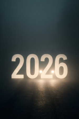 Glowing numbers 2026 emerging from a dark, foggy background, representing the new year, future, and anticipationの素材