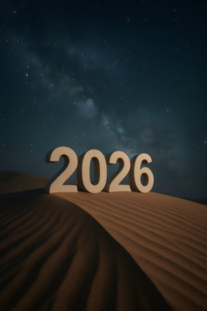 Year 2026 numbers emerging from a desert sand dune, symbolizing future, new beginnings and time passing under a night skyの素材