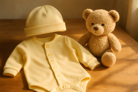 Baby essentials with a soft yellow onesie, matching hat, and teddy bear on a wooden surface, evoking childhood innocenceの素材