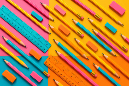 Brightly colored pencils, rulers, and erasers arranged diagonally on a multi quadrant background, forming an appealing designの素材