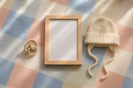 Baby essentials lay flat on a checkered blanket, featuring a pacifier, knitted hat, and an empty wooden frameの素材