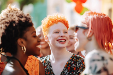 Diverse young friends with albinism and different skin tones laughing and interacting outdoors, celebrating community and individualityの素材