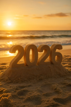 Sand sculpted numbers 2026 standing on a tropical beach at beautiful golden hour sunset, celebrating new year conceptsの素材