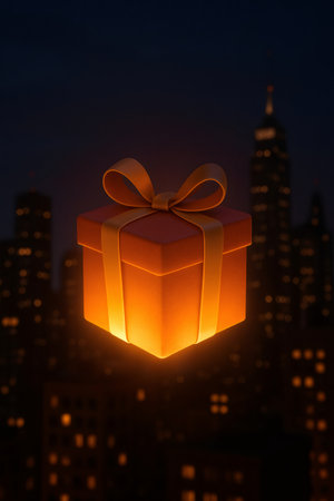 Glowing gift box floating in a dark night sky, symbolizing surprise, celebration, and magic over a city skylineの素材