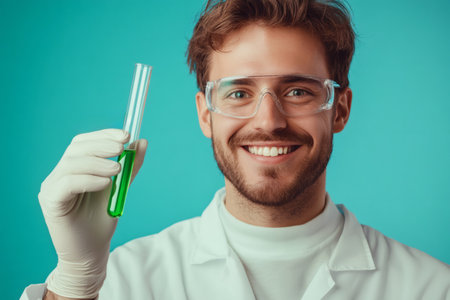 Cheerful male scientist wearing safety glasses and lab coat, holding green liquid in a test tube. Researching new solutionsの素材