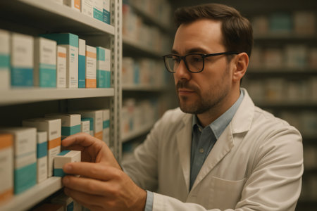 Male pharmacist in a lab coat arranging medicine boxes on shelves, managing inventory in a drug storeの素材