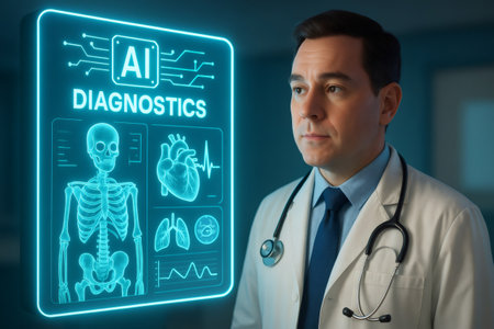 Doctor standing next to a glowing holographic screen showing AI DIAGNOSTICS and human anatomy, representing modern healthcareの素材