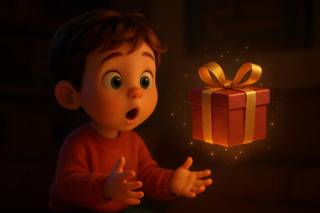 Young child wide eyed in wonder as a glowing red gift box with golden ribbon hovers, sparkling magic and festive excitementの素材
