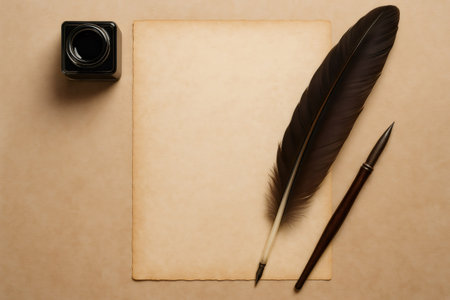 Composing important documents, literature, or stories, featuring a vintage quill, dip pen, parchment paper, and inkの素材