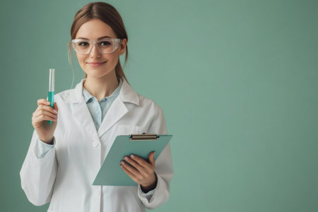 Young woman chemist wearing safety goggles and lab coat, holding a test tube with green liquid and a clipboard, smilingの素材