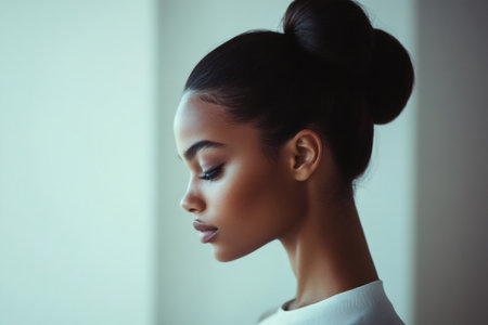 Profile view of a young woman with dark skin and a neatly styled high bun, looking down in a moment of serenityの素材