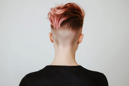 Person having trendy pink hair with an edgy shaved undercut style, view from back showcasing modern fashionの素材