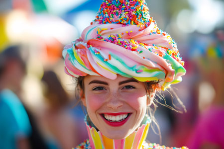 Young woman smiling widely, wearing a vibrant cupcake costume with a sprinkled icing hat and ruffled collarの素材