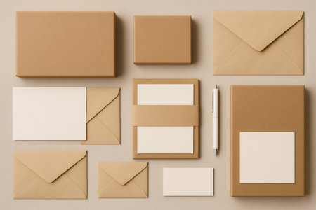 Arranging various eco friendly kraft paper boxes, envelopes, and blank cards with a pen, creating branding mockupの素材