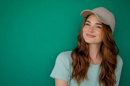 Young woman smiling with happiness, wearing a casual baseball cap on a vibrant green background, genuine radiating positive energyの素材