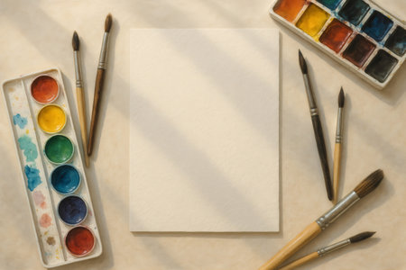 Watercolor paints, brushes, and a blank textured paper creating a workspace for artistic creativity and inspirationの素材